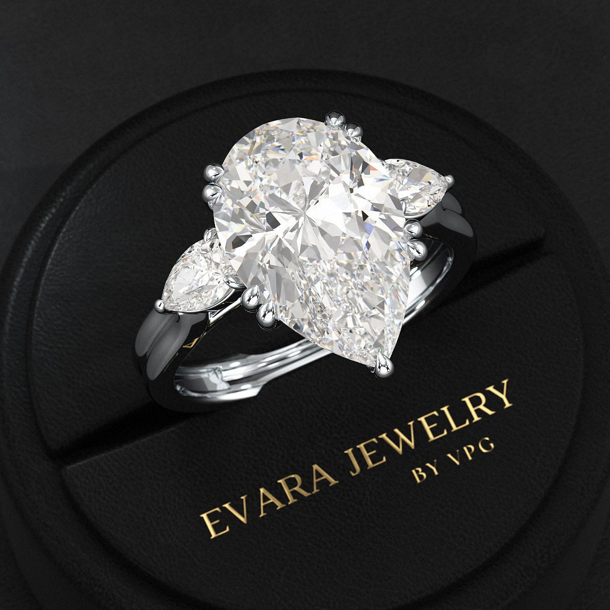 7 Carat Pear Cut Diamond Three Stone Ring with Accent Pear Diamonds - Evara Jewelry LLC
