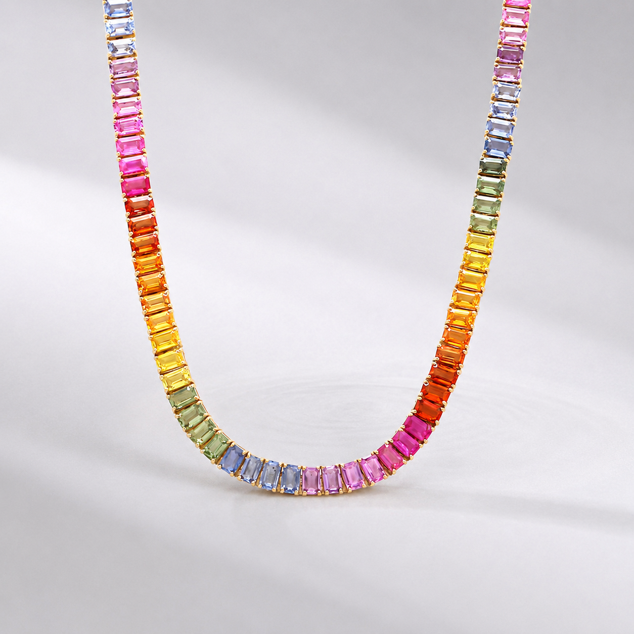 32 Carat Natural Emerald-Cut Rainbow Sapphire Prong-Set Tennis Necklace