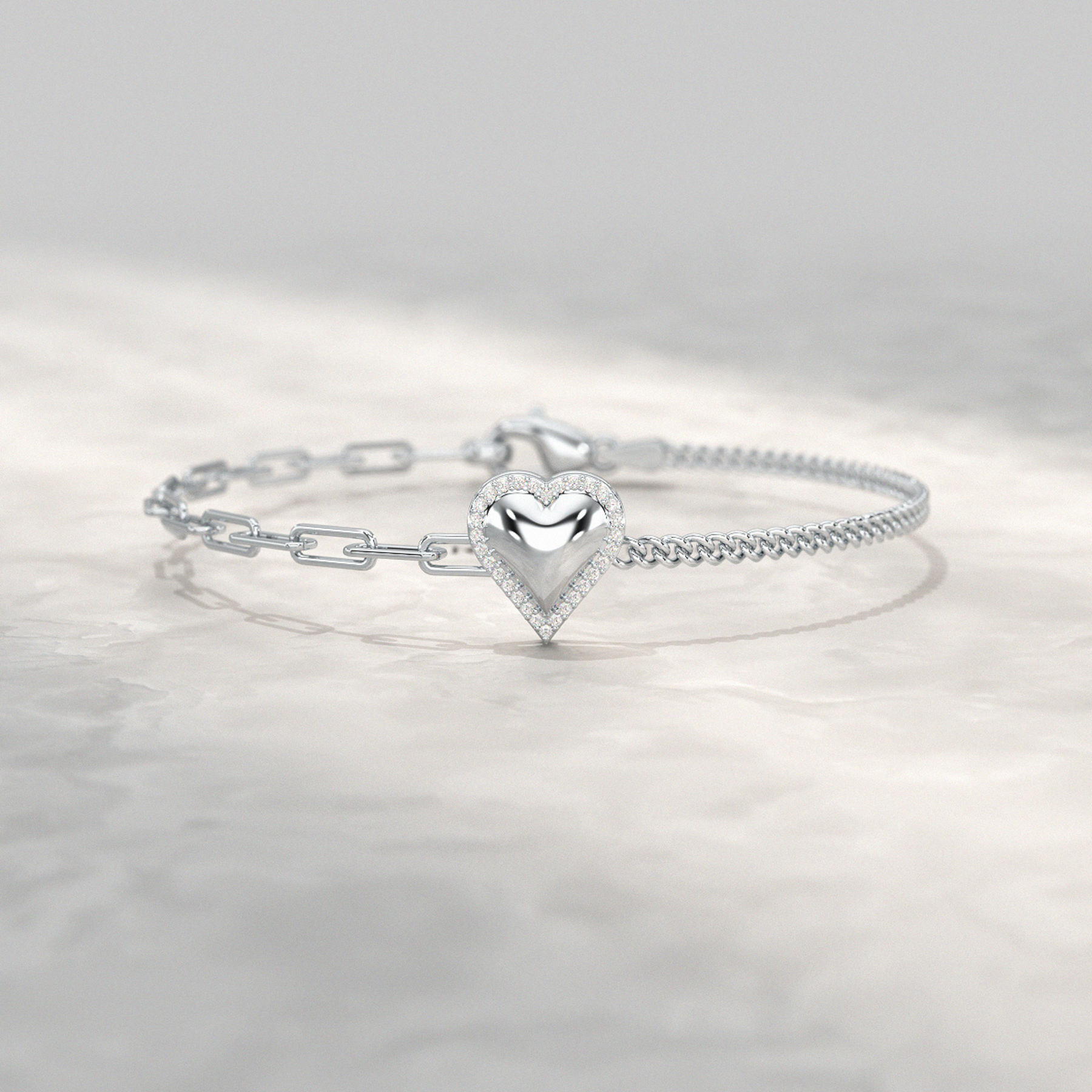 Dainty Diamond Heart Paperclip & Cuban 50-50 Bracelet