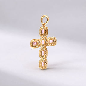 Natural Emerald-Cut Pink Sapphire and Diamond Halo Cross Pendant in 14K Gold
