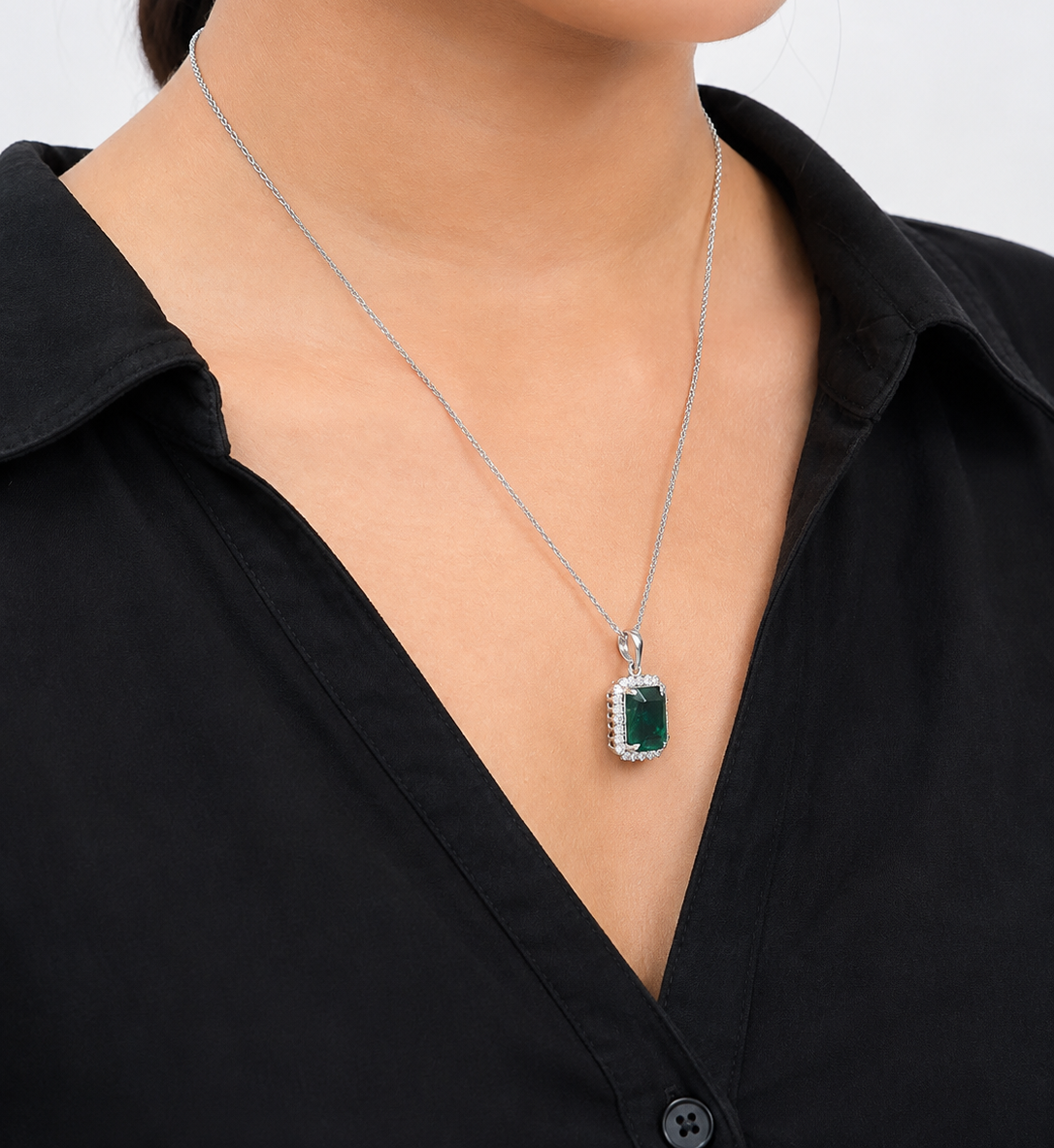 5 Carat Natural Emerald-Cut Emerald and Diamond Halo Pendant Necklace in 14K Gold
