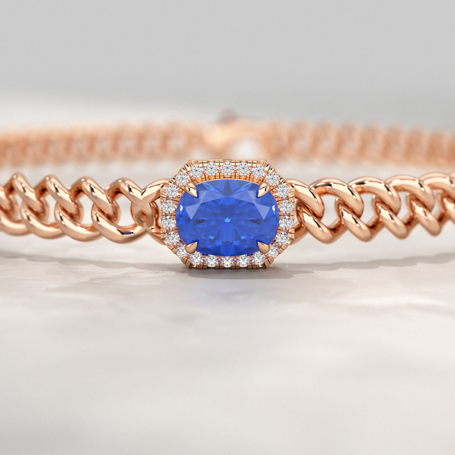 10K Solid Gold Cuban Chain Link Bracelet with Natural Blue Sapphire & Lab Grown Diamonds