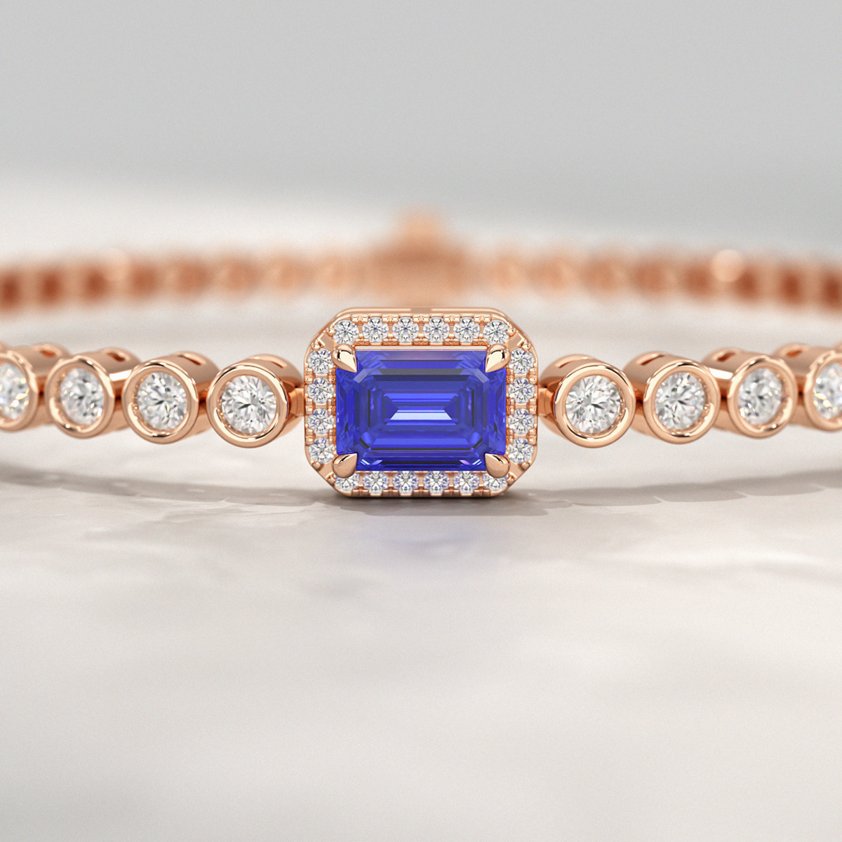 Diamond Tennis Bracelet with Emerald Cut Tanzanite in 14K Solid Gold