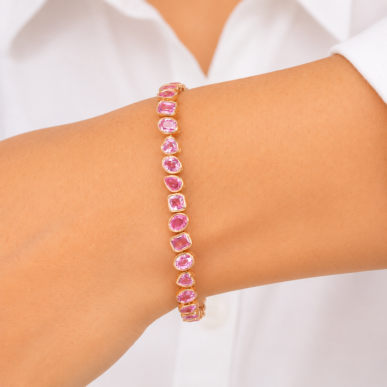12 Carat Natural Pink Sapphire Mixed-Shape Tennis Bracelet in 14K Gold