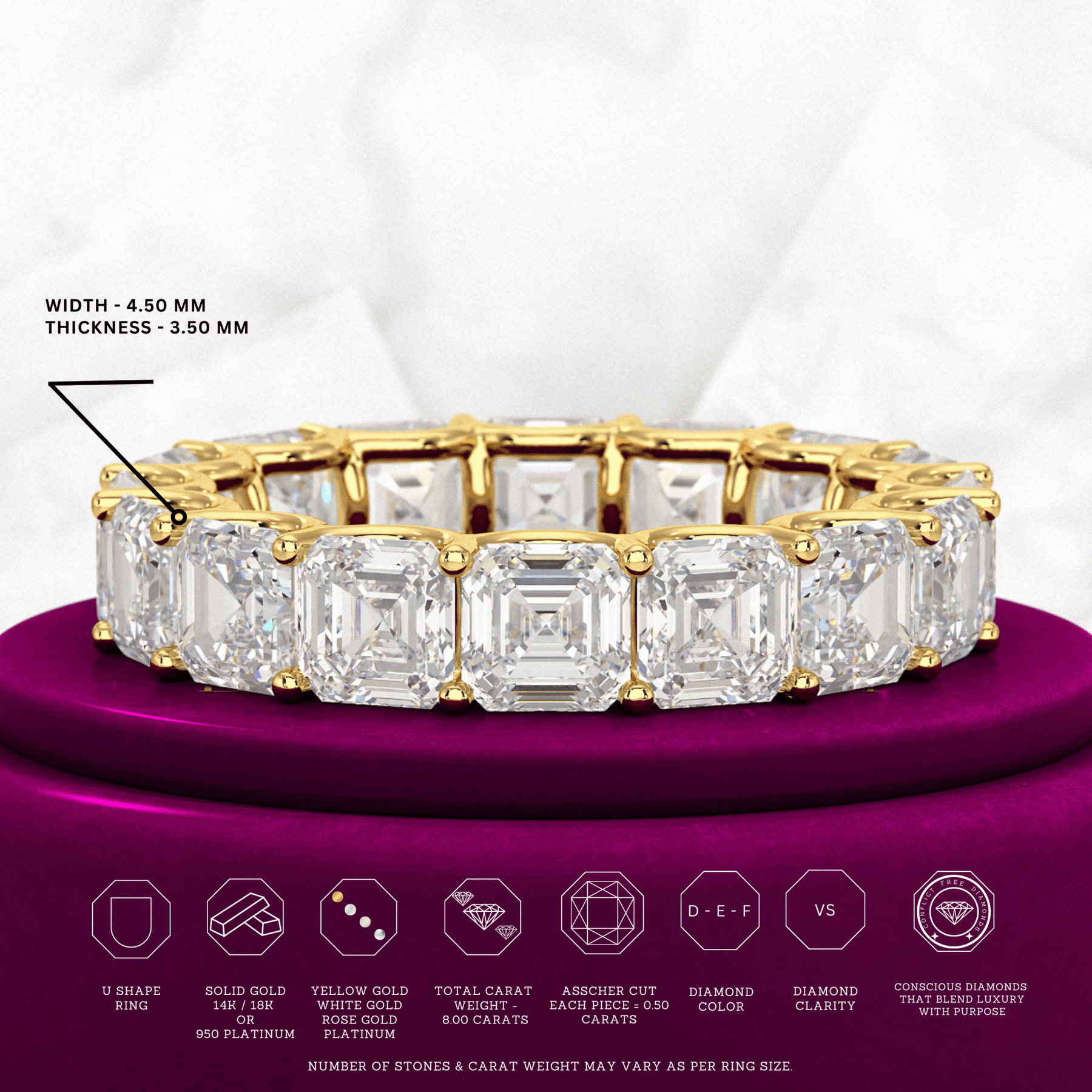8 Carat Asscher Cut Diamond U Shape Wedding Band - Evara Jewelry LLC