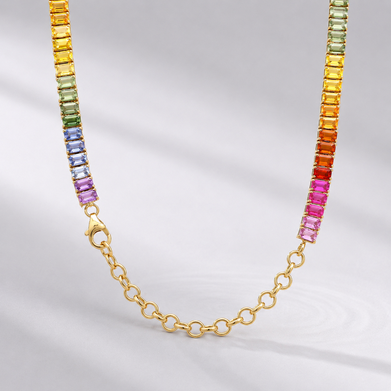 32 Carat Natural Emerald-Cut Rainbow Sapphire Prong-Set Tennis Necklace