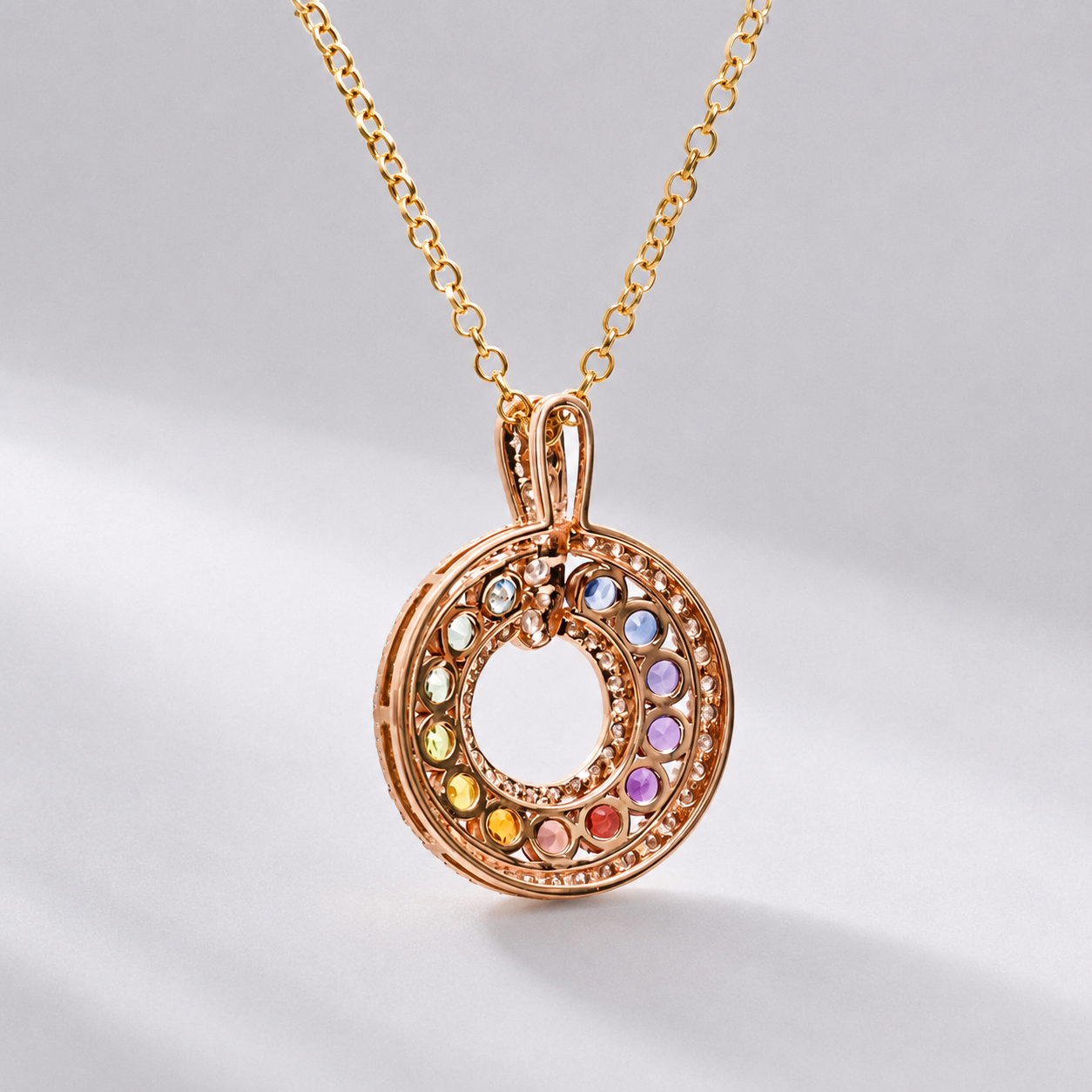 Natural Rainbow Sapphire and Lab-Grown Diamond Circle Pendant Necklace in 14K Gold