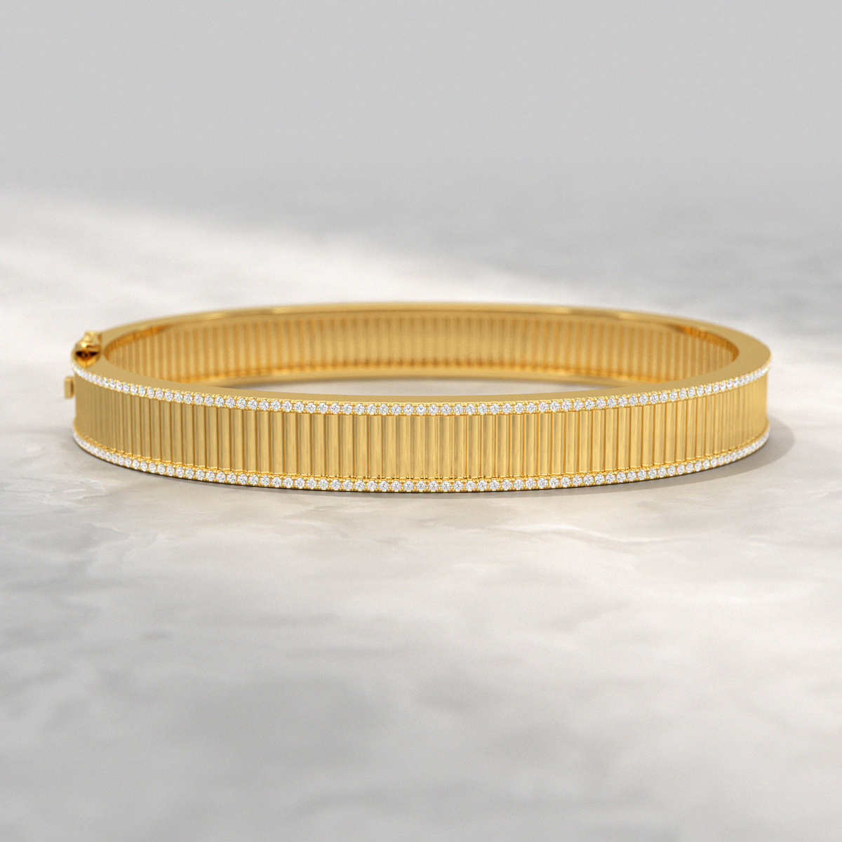 Diamond Ribbed Cuff Bangle studded in Solid Gold