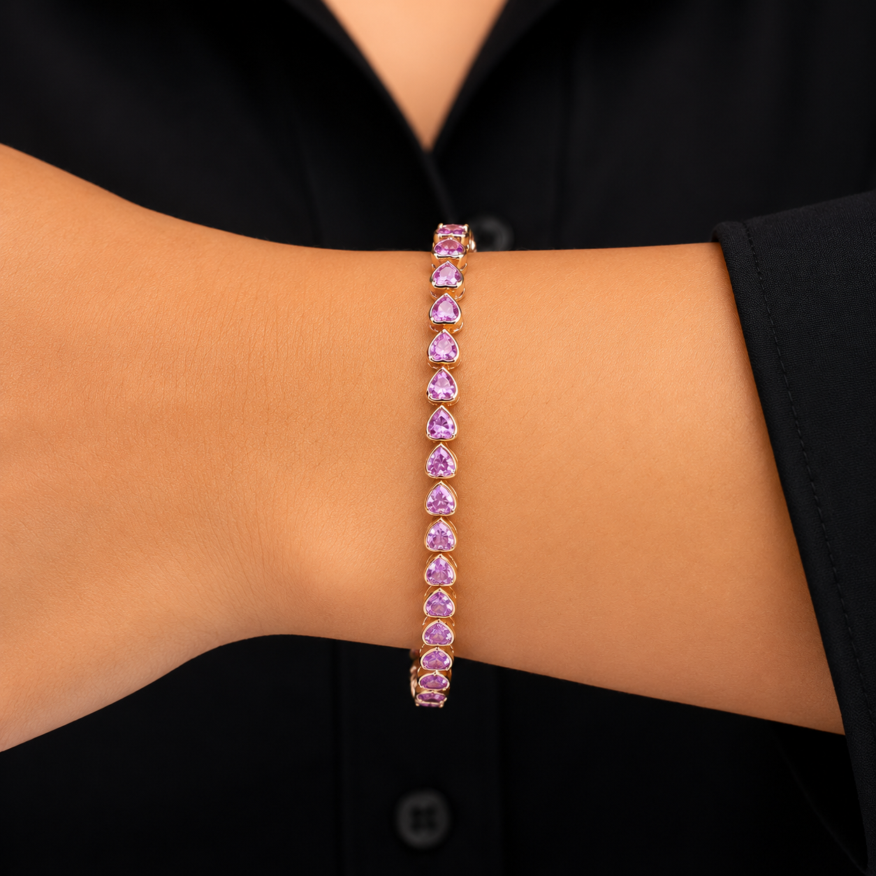 11 Carat Heart-Cut Natural Pink Sapphire Bezel Bracelet in 14K Gold