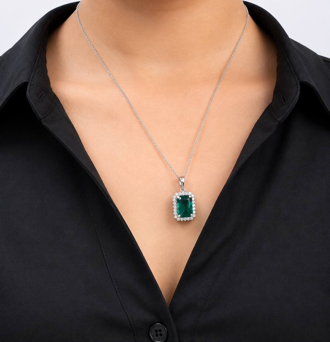 5 Carat Natural Emerald-Cut Emerald and Diamond Halo Pendant Necklace in 14K Gold