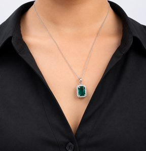 5 Carat Natural Emerald-Cut Emerald and Diamond Halo Pendant Necklace in 14K Gold