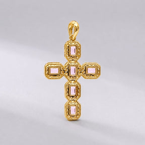 Natural Emerald-Cut Pink Sapphire and Diamond Halo Cross Pendant in 14K Gold
