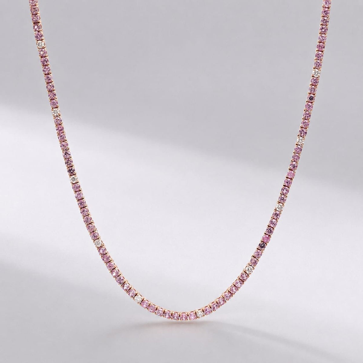 9 Carat Natural Pink Sapphire and Diamond Tennis Choker Necklace in 14K Solid Gold - Evara Jewelry LLC