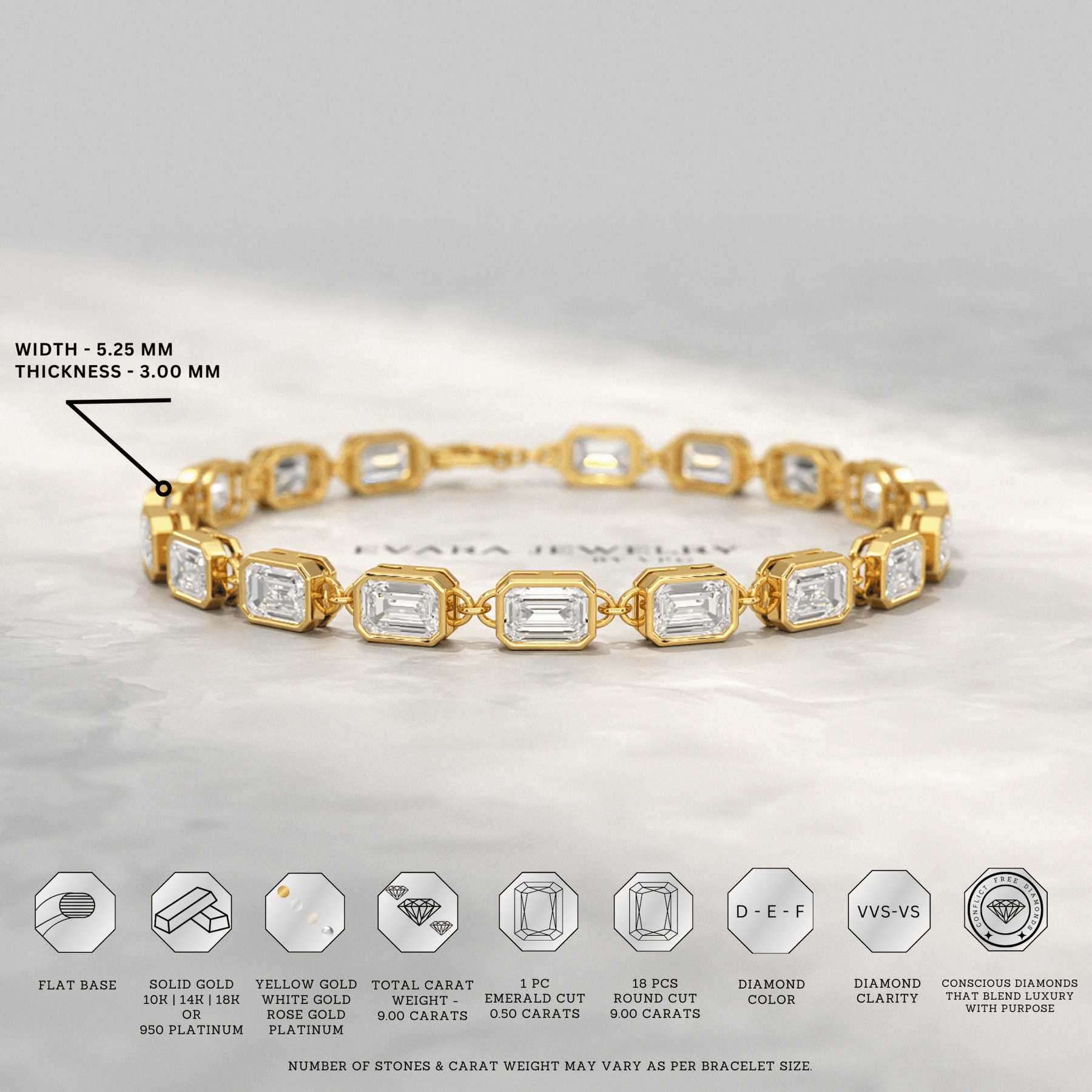 9 Carats East West Emerald Cut Diamond Minimalist Bracelet - Evara Jewelry LLC