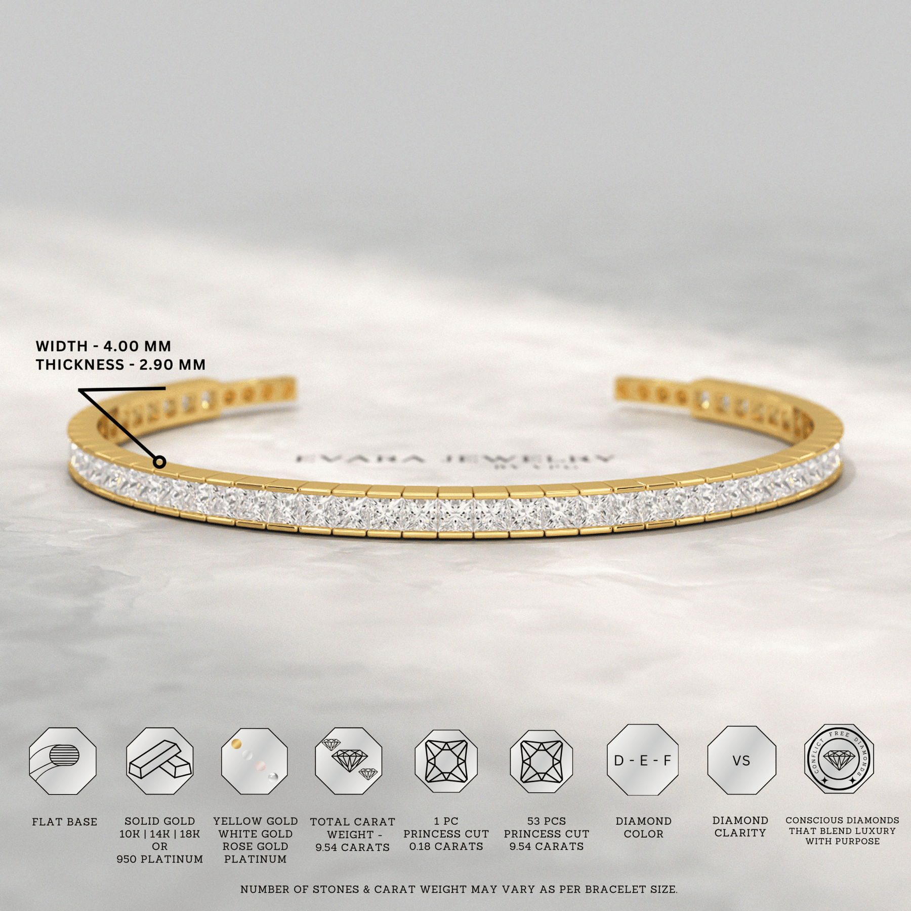 9 Carats Princess Cut Lab Grown Diamond Gold Open Cuff - Evara Jewelry LLC