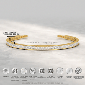 9 Carats Princess Cut Lab Grown Diamond Gold Open Cuff - Evara Jewelry LLC