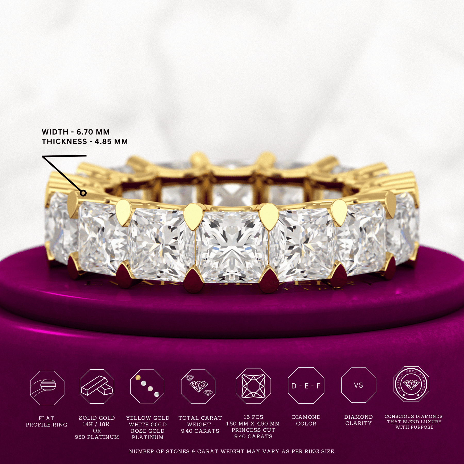 9.40 Carats Princess Cut Lab Grown Diamond Eternity Band - Evara Jewelry LLC