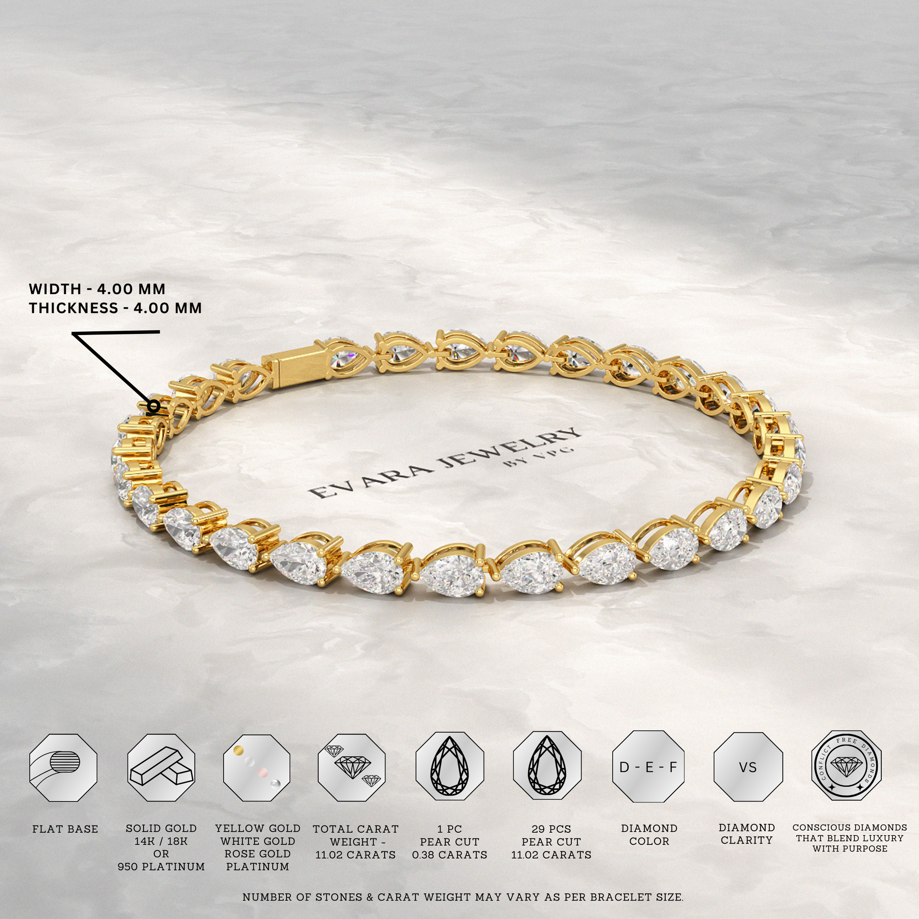 11 Carats Pear Cut Diamond Luxury Tennis Bracelet