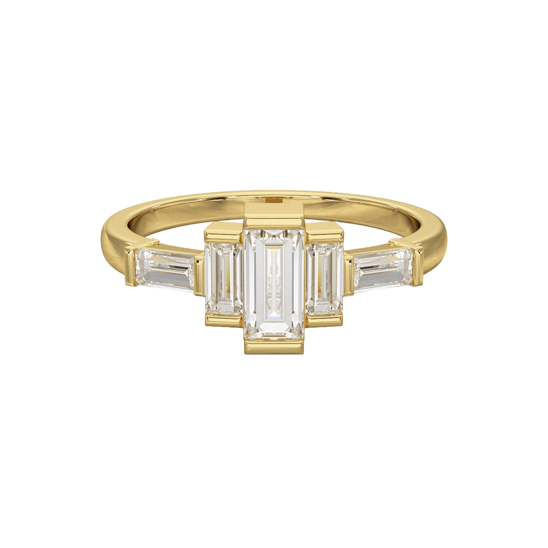 Art deco baguette diamond 5 stone statement ring in 14k gold, lab grown diamond geometric stacking ring