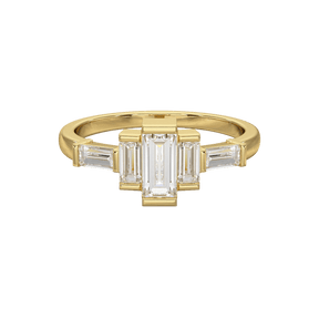 Art deco baguette diamond 5 stone statement ring in 14k gold, lab grown diamond geometric stacking ring