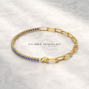 1.36 Carat Natural Blue Sapphire Paperclip 50-50 Tennis Bracelet