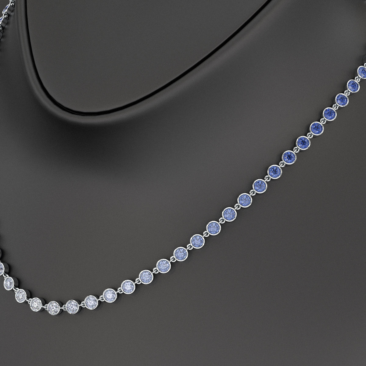 9.32 Carats Natural Ombre Blue Sapphire Choker Necklace in 18K White Gold