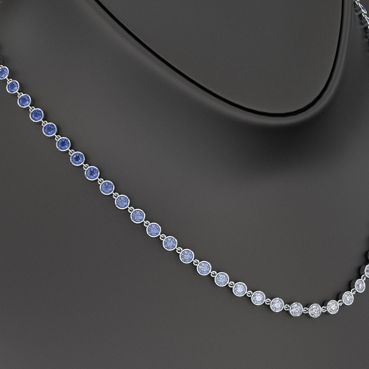 9.32 Carats Natural Ombre Blue Sapphire Choker Necklace in 18K White Gold