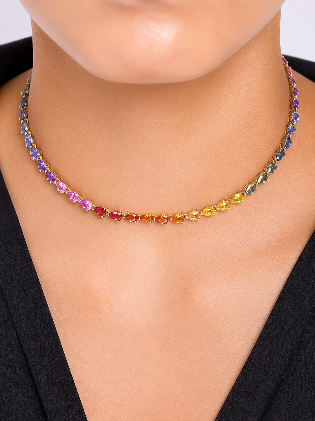 44 Carat Natural Pear-Cut Rainbow Sapphire Prong-Set Tennis Necklace