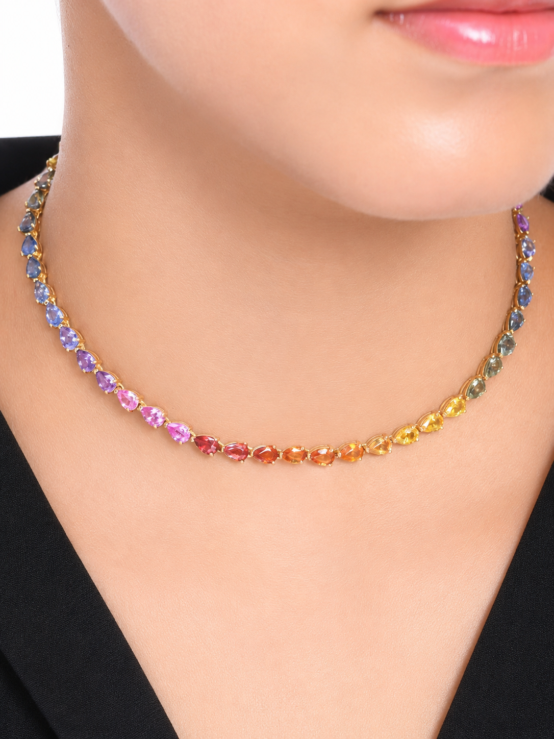 44 Carat Natural Pear-Cut Rainbow Sapphire Prong-Set Tennis Necklace