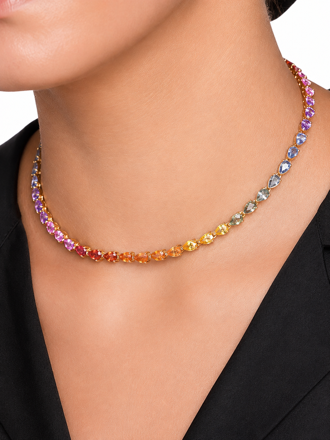 44 Carat Natural Pear-Cut Rainbow Sapphire Prong-Set Tennis Necklace