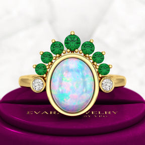 Natural Opal Multi Stone Art Deco Ring with Natural Emeralds and Diamonds