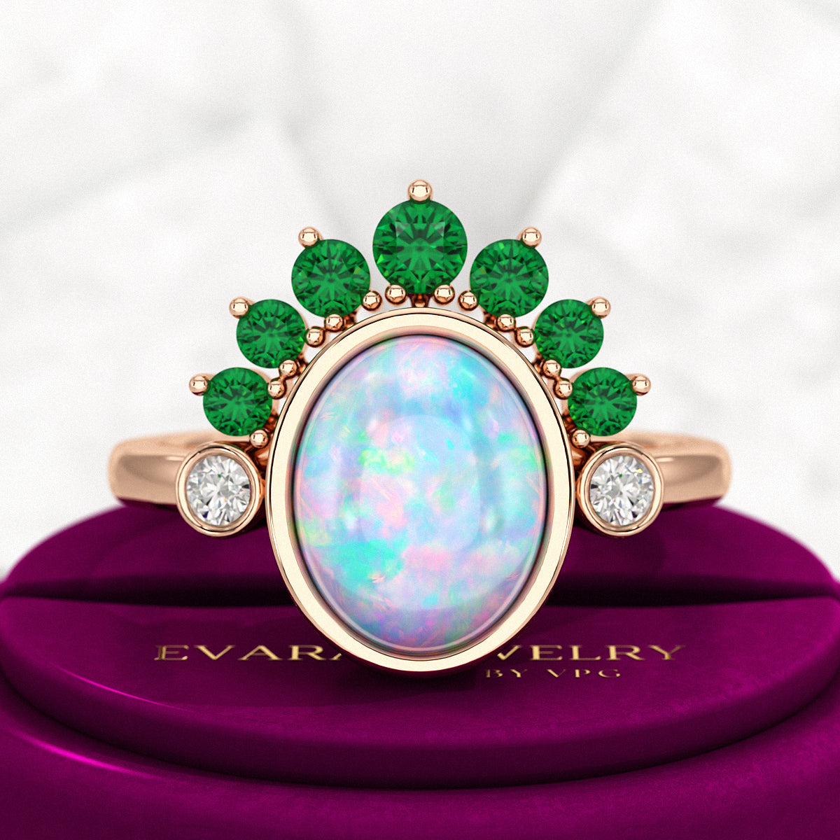 Natural Opal Multi Stone Art Deco Ring with Natural Emeralds and Diamonds