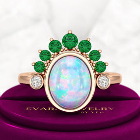 Natural Opal Multi Stone Art Deco Ring with Natural Emeralds and Diamonds