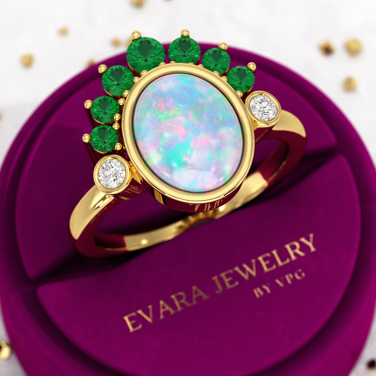 Natural Opal Multi Stone Art Deco Ring with Natural Emeralds and Diamonds