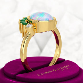 Natural Opal Multi Stone Art Deco Ring with Natural Emeralds and Diamonds