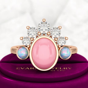 Barbie Theme Pink Opal Multi Stone Art Deco Ring with Fire Opal and Lab Grown Diamonds