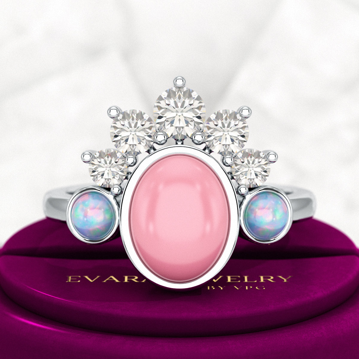 Barbie Theme Pink Opal Multi Stone Art Deco Ring with Fire Opal and Lab Grown Diamonds