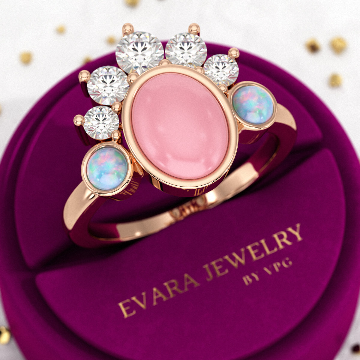 Barbie Theme Pink Opal Multi Stone Art Deco Ring with Fire Opal and Lab Grown Diamonds