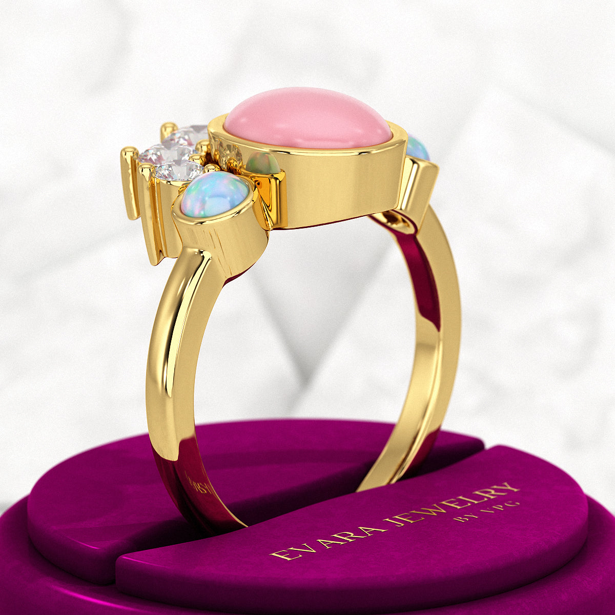 Barbie Theme Pink Opal Multi Stone Art Deco Ring with Fire Opal and Lab Grown Diamonds