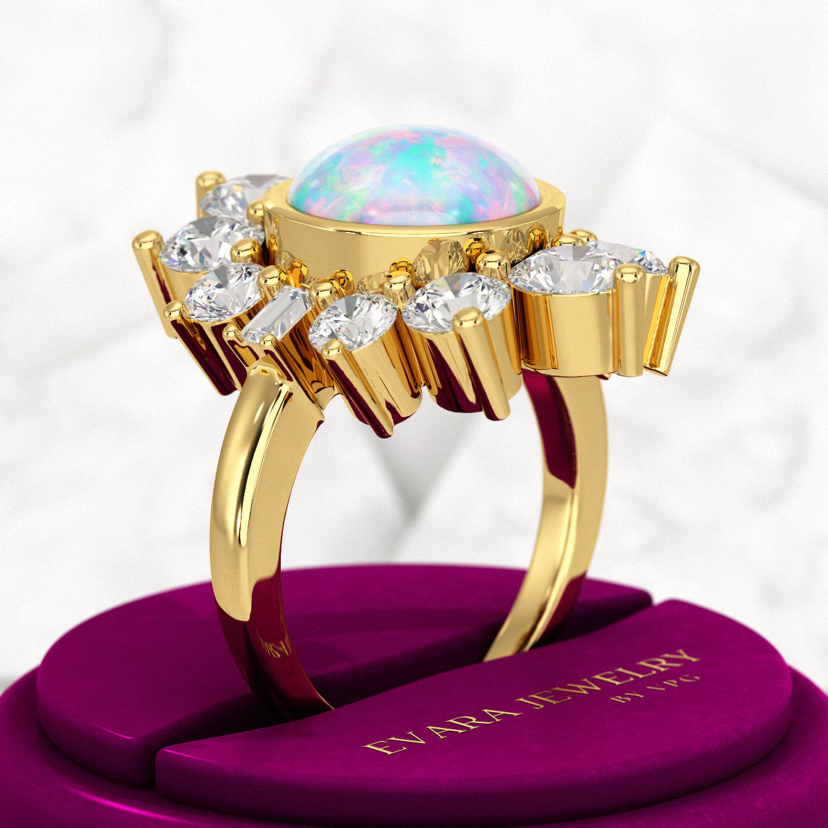 Natural Round Fire Opal & CVD Diamond Victorian Era Wedding Ring