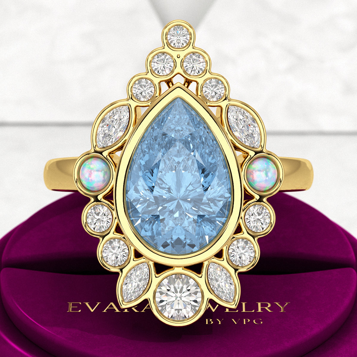 3 Carat Pear Cut Ice Blue Diamond Art Deco Ring with Opal