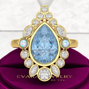 3 Carat Pear Cut Ice Blue Diamond Art Deco Ring with Opal