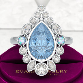 3 Carat Pear Cut Ice Blue Diamond Art Deco Ring with Opal