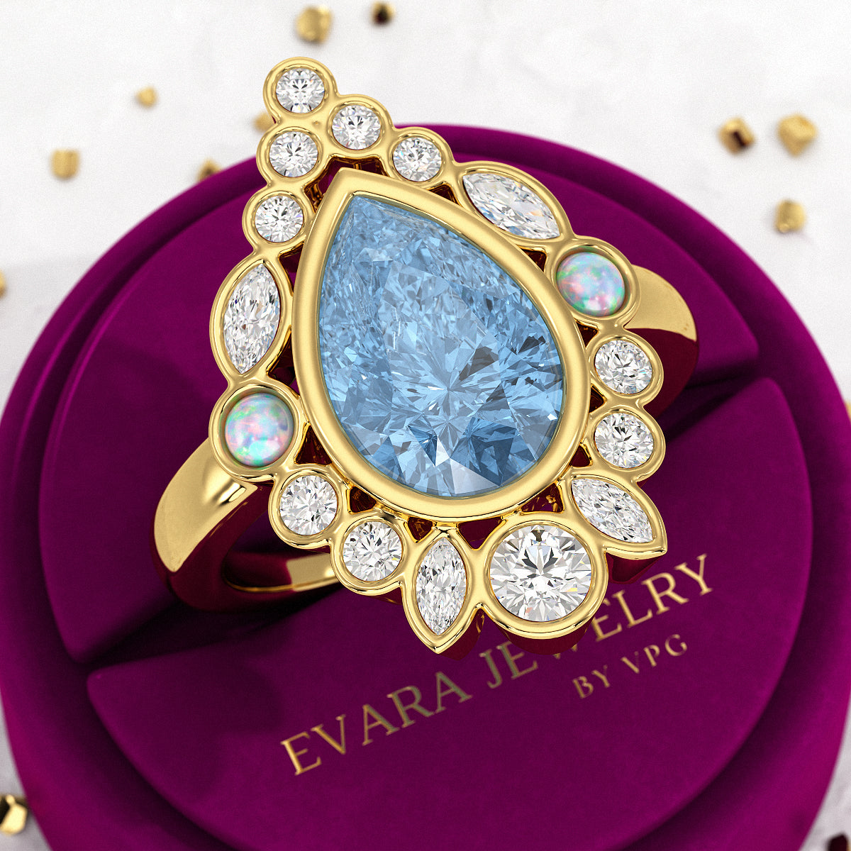3 Carat Pear Cut Ice Blue Diamond Art Deco Ring with Opal