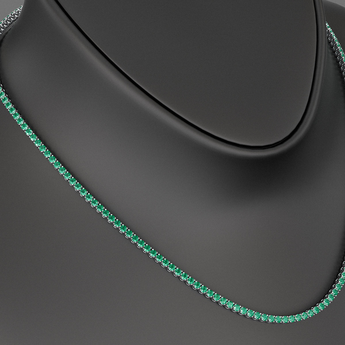 Natural Zambian Green Emerald Tennis Necklace in 14K/18K White Gold