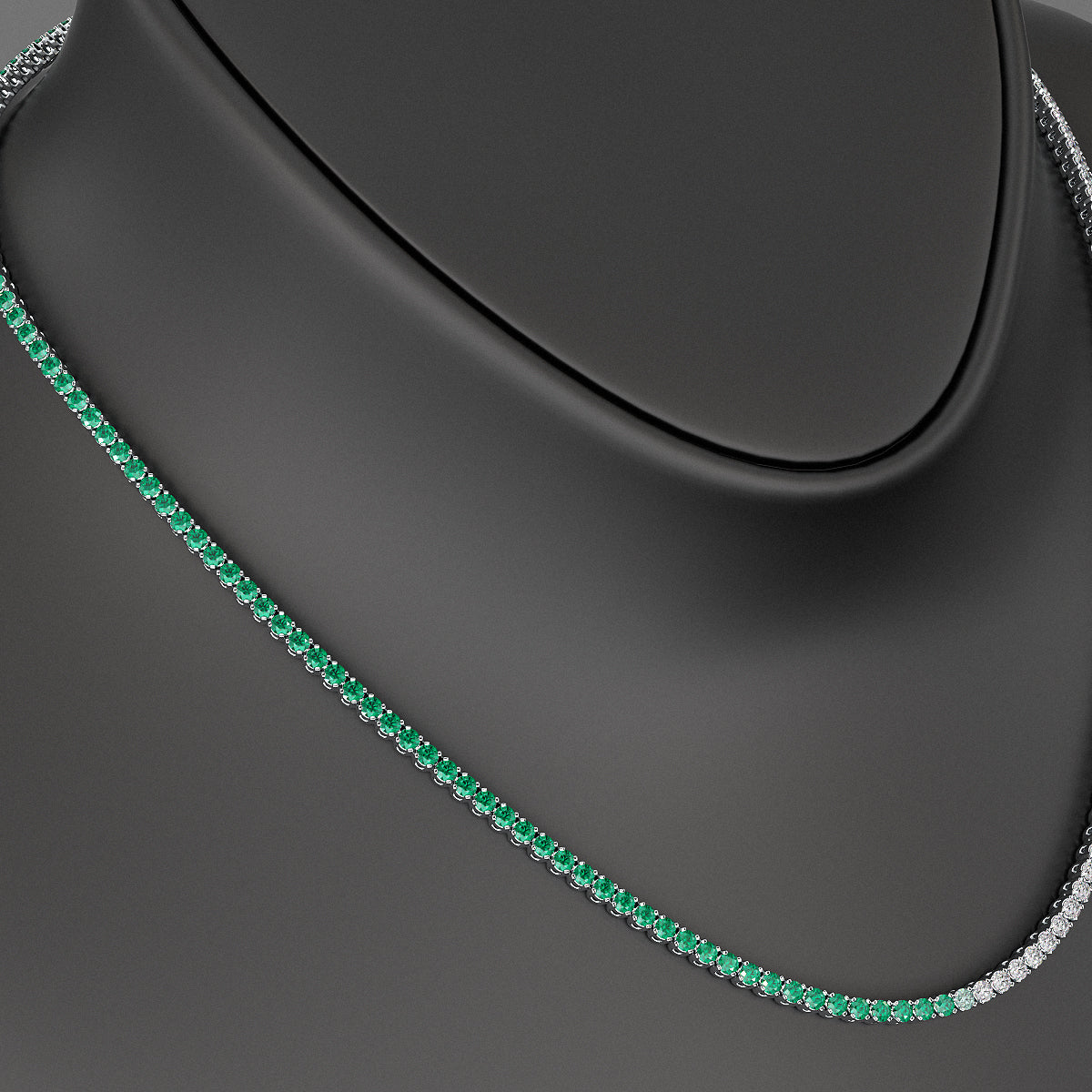 Natural Emerald & Diamond 50-50 Tennis Necklace in 14K/18K White Gold