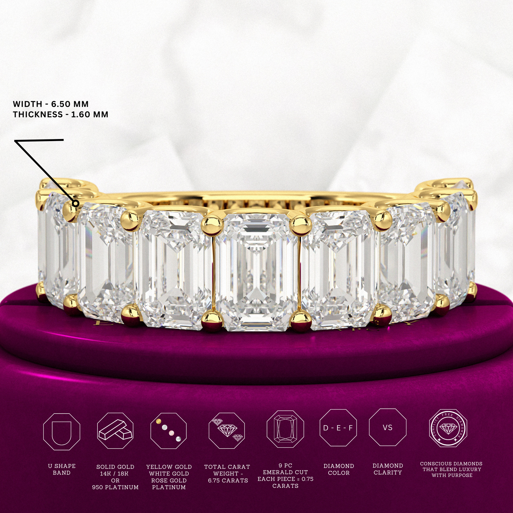 7 Carats Emerald Cut Diamond Minimalist Stacking Band