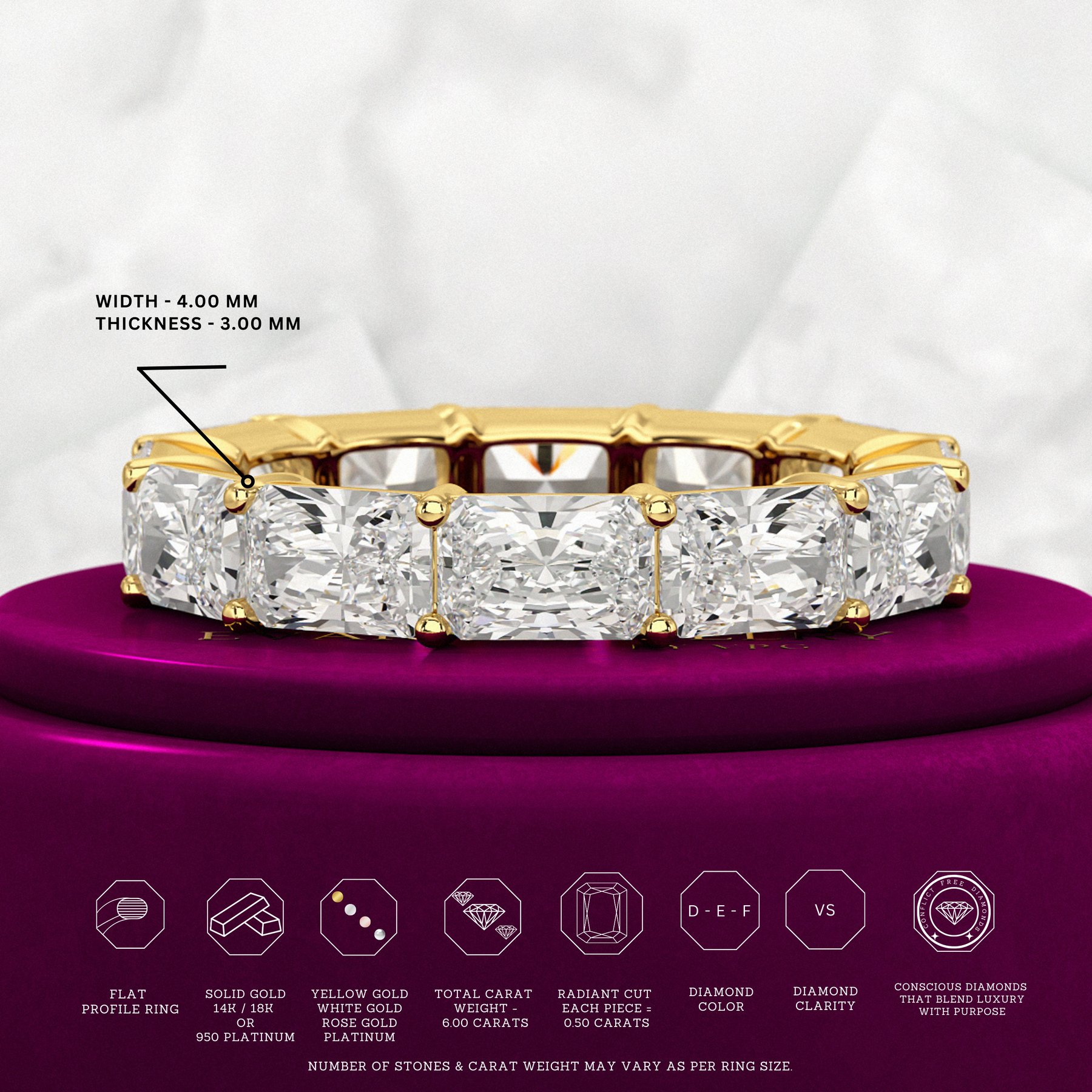 6 Carat East West Radiant Cut Diamond Stacking Wedding Band