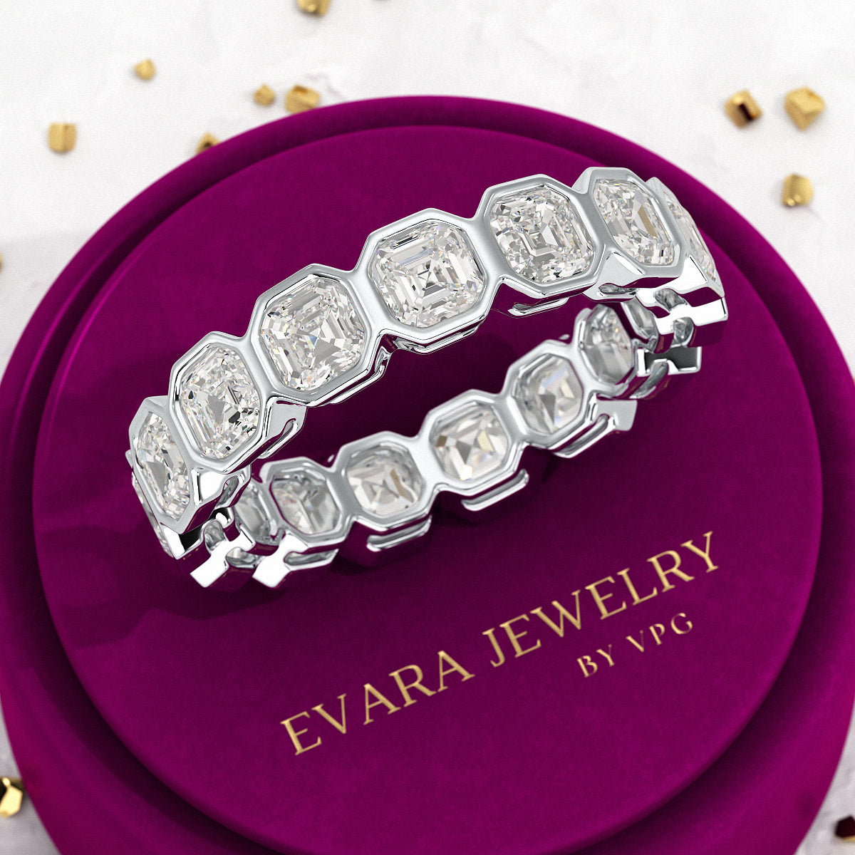 5.25 Carats Bezel Set Asscher Cut Modern Deco Diamond Eternity Band