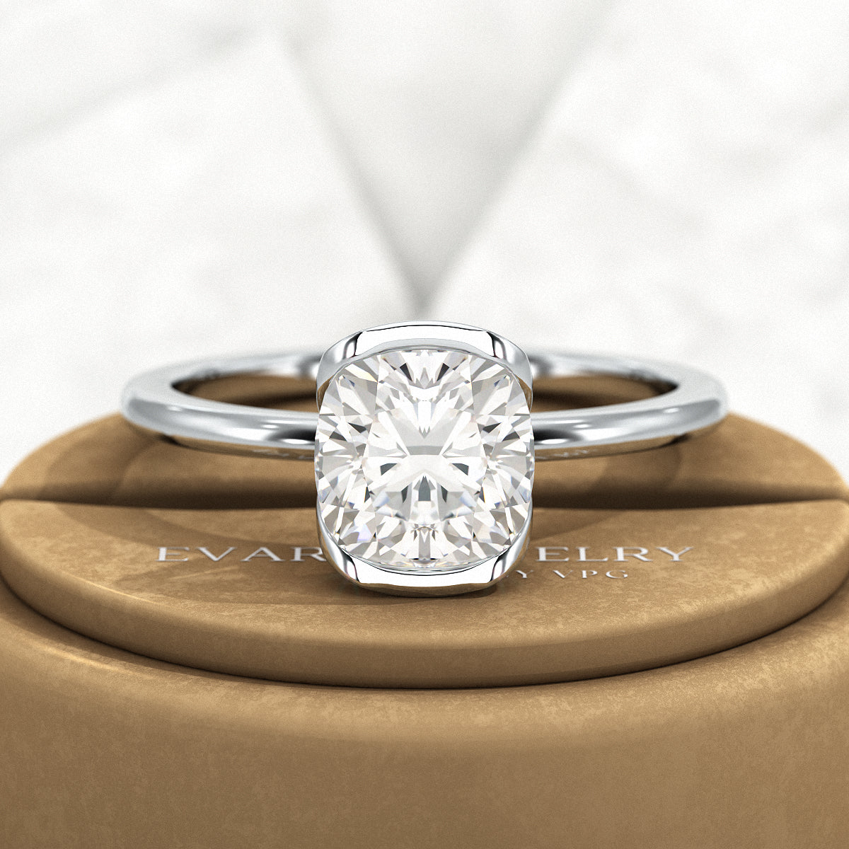 2 Carat Cushion Cut Diamond Half Bezel Set Engagement Ring